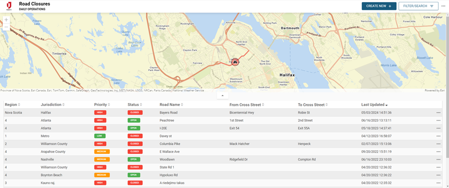 Road Closures List View